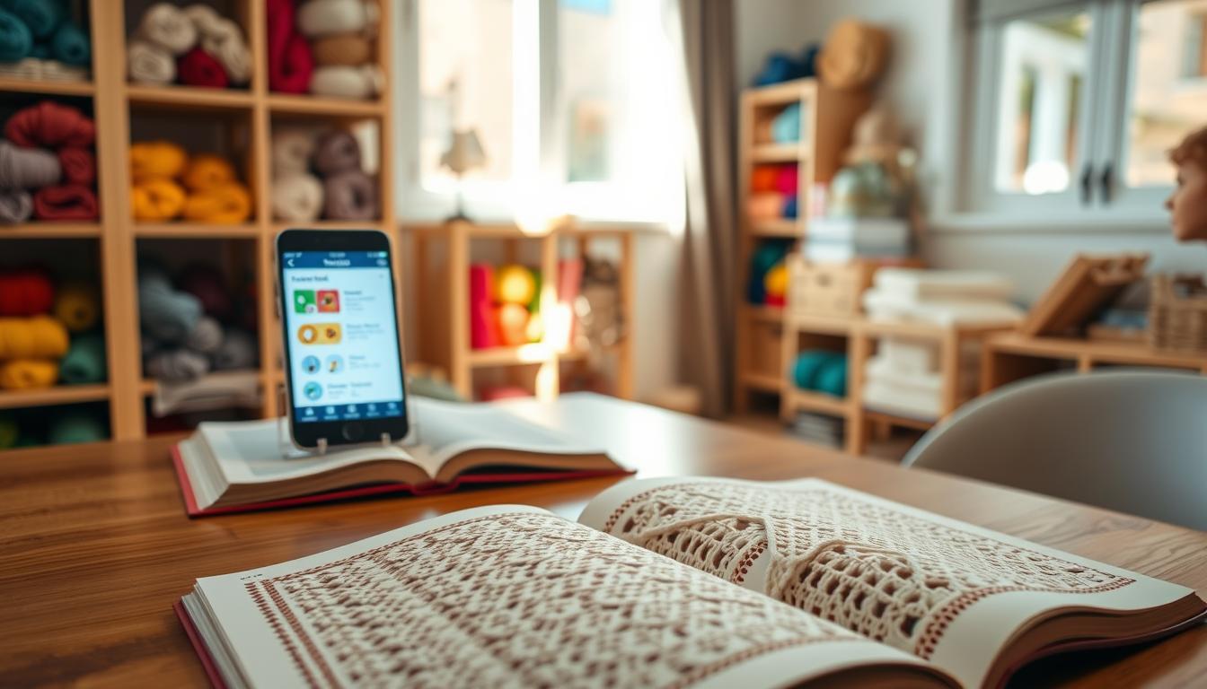Peça de crochê em andamento com contador de carreiras no celular