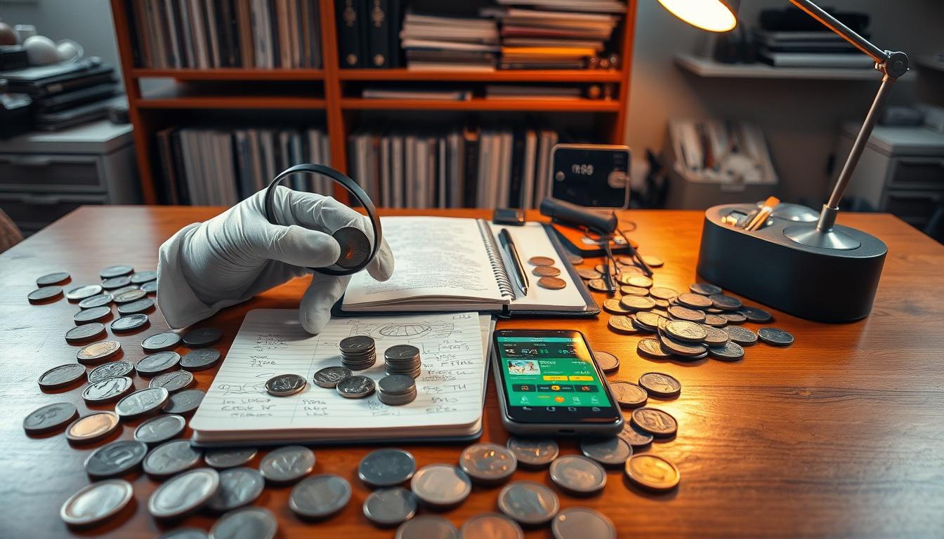 Moedas antigas organizadas em um álbum de coleção