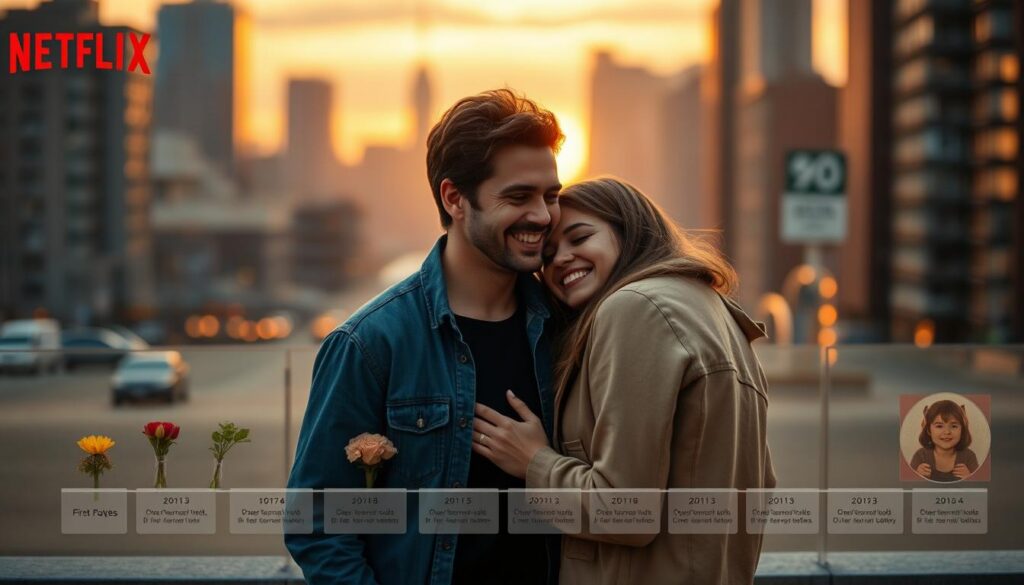 A captivating image depicting the evolution of a romantic relationship over twenty years, inspired by the feel of a Netflix series. In the foreground, two characters are portrayed sharing a tender moment, smiling at each other, dressed in casual yet stylish clothing that hints at different eras of their relationship. The middle ground shows a timeline of their relationship, with subtle visual cues like seasons changing or symbolic objects that mark significant moments—first date flowers, wedding rings, and a child's toy. The background is a soft-focus urban skyline at sunset, with warm, golden lighting that creates an intimate and nostalgic atmosphere. The scene should evoke a sense of warmth, connection, and the timeless nature of love as it develops over years.