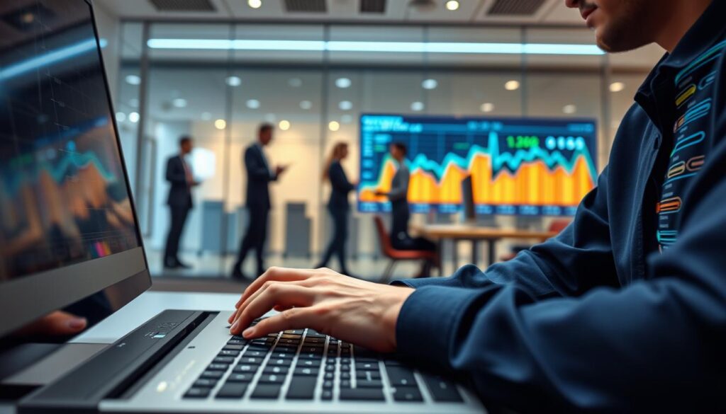A close-up view of a person sitting in a modern office environment, working on a high-tech computer. The foreground features hands typing on a sleek keyboard with biometric sensors visible. In the middle ground, a large digital display shows data visualizations reflecting behavioral monitoring analytics in vibrant colors. The background includes a glass wall with silhouettes of professionals in business attire, engaged in discussions. Soft, ambient lighting highlights the workspace, creating a calm yet focused mood. The scene conveys a blend of privacy concerns and advanced security technology, illustrating the balance between monitoring and personal safety. The angle of the shot captures both the human element and the high-tech atmosphere.