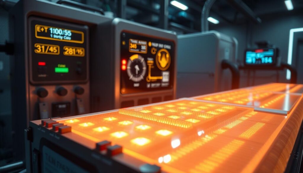 A close-up view of advanced silicon-carbon batteries undergoing rapid charging, showcasing intricate thermal management systems. In the foreground, a battery cell with visible thermal sensors and cooling fins, glowing slightly from the charging process, emphasizing energy flow. The middle layer features a high-tech charging station with dynamic electrical indicators and heat dispersion graphics, illustrating the concept of thermal regulation. The background shows a dimly lit laboratory with sleek, modern equipment and a digital display showing battery performance data. The lighting is focused on the batteries, creating a dramatic contrast that highlights the technological details. The atmosphere is one of innovation and excitement about next-generation energy solutions, with a cool color palette emphasizing efficiency and progress.