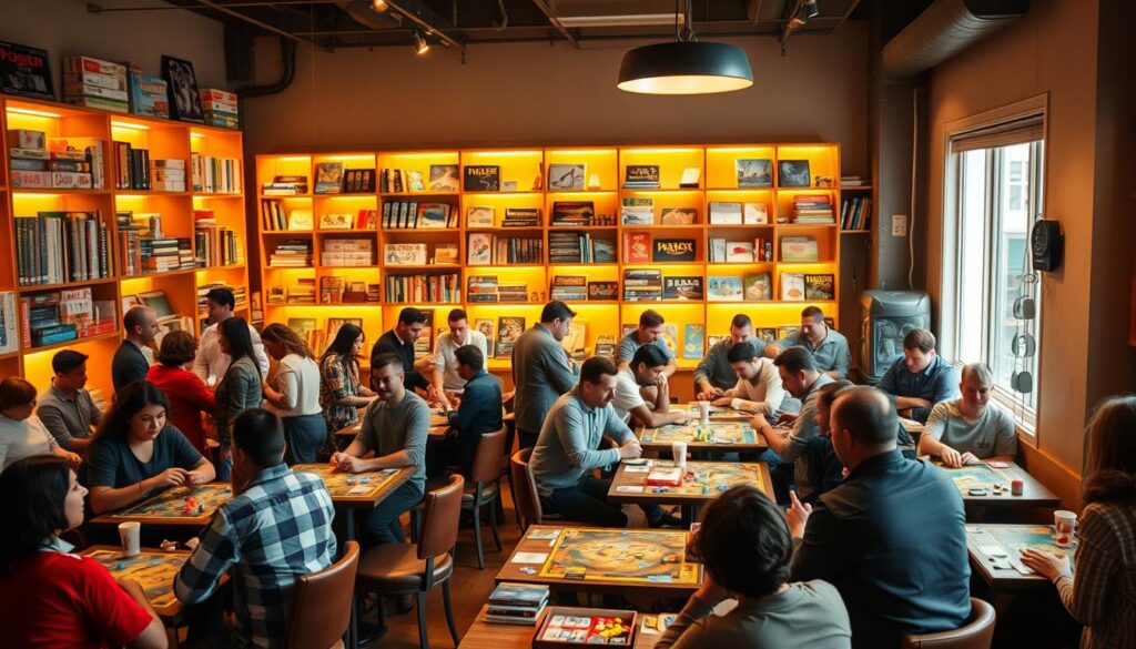 A cozy board game café bustling with a community of players enjoying various tabletop games. In the foreground, a diverse group of people in casual clothing, engaged in animated discussions and strategizing over game boards. The middle ground features tables adorned with colorful game pieces, cards, and dice, surrounded by comfortable seating. The background showcases shelves filled with an array of board games, softly lit by warm yellow lighting that creates an inviting atmosphere. A large window lets in natural light, enhancing the welcoming feel. Subtle details like coffee cups and snacks on the tables add to the communal vibe. The composition is captured from a slightly elevated angle, providing a comprehensive view of the lively and friendly environment.