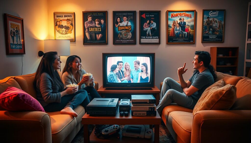 A cozy living room designed in a style reminiscent of the early 2010s, featuring plush sofas adorned with colorful throw pillows. In the foreground, a group of four millennials, dressed in casual yet stylish clothing, gather around a vintage television set, their faces lit by the soft glow of the screen, which is playing a nostalgic sitcom. One person holds a bowl of popcorn, while another gestures animatedly, showcasing their enthusiasm. In the middle, retro video game consoles and DVDs are scattered, invoking the era's pop culture. The background showcases framed posters of iconic shows from that decade, with warm lighting enhancing the nostalgic atmosphere, evoking feelings of comfort and joy. The image captures a lively, fun moment of shared memories among friends.