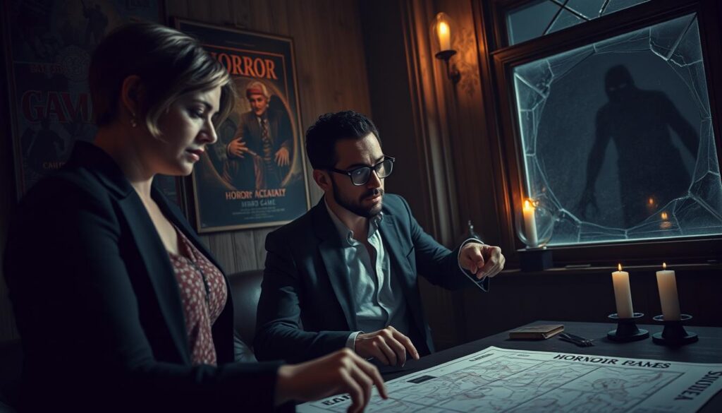 A dark, atmospheric scene depicting a group of three diverse, well-dressed individuals strategizing in a dimly lit room filled with eerie shadows. In the foreground, a woman with short hair analyzes a map spread on a table, while a man in glasses points at the map, deep in thought. Another individual is peering out a cracked window, with a fearful expression, as she watches an ominous shadow lurk outside. The background features vintage horror game posters and flickering candlelight casting ghostly reflections. The overall mood is tense and suspenseful, emphasizing teamwork and the shared experience of fear in a cooperative horror game. The composition captures close-up details of their expressions and body language while hinting at the horror lurking nearby, shot with a wide-angle lens to enhance the atmosphere.