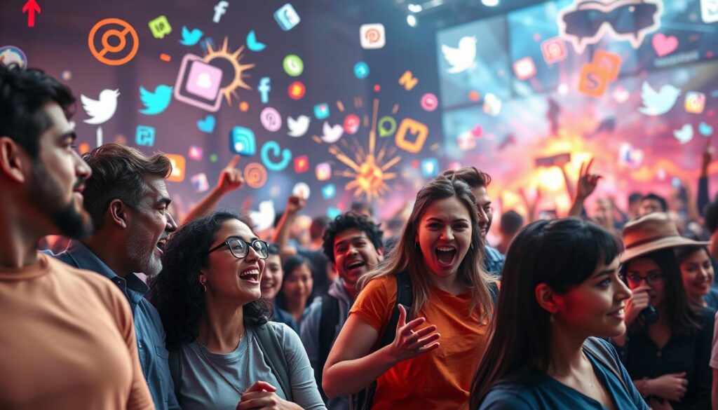 A digital battlefield representing the clash of fandoms, with vibrant colors depicting lively online avatars and digital characters engaged in intense debate. In the foreground, diverse fans passionately arguing, dressed in modern, casual clothing, with exaggerated expressions showcasing their fervor. The middle layer features dynamic social media icons and symbols, bursting with energy, symbolizing various platforms. In the background, a stylized representation of a digital landscape, with abstract shapes and glowing elements mimicking a chaotic online environment. The lighting is dramatic, with contrasting bright and dark areas, creating a tense atmosphere. The angle captures the action from a slightly elevated viewpoint, emphasizing the scale of the conflict while retaining a focus on the human elements of engagement and emotion. The mood is charged, illustrating the intense and often toxic interactions within fan communities while remaining professional and safe for work.