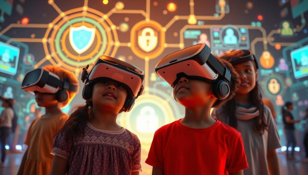 A digital landscape depicting the theme of digital security and child privacy in the metaverse, focused on a vibrant yet cautionary scene. In the foreground, a group of diverse, modestly dressed children are engaged with virtual reality headsets, their expressions a mix of excitement and curiosity. The middle ground features a complex, glowing digital interface showing security measures, like shields and locks, symbolizing protection. The background illustrates a stylized metaverse with colorful avatars and immersive environments, creating a bustling yet protective atmosphere. Soft, ambient lighting emanates from digital devices, casting a serene glow on the children. The mood is thoughtful, blending excitement for gaming with a sense of caution about privacy. The image should convey a harmonious balance between exploration and safety in the digital world.