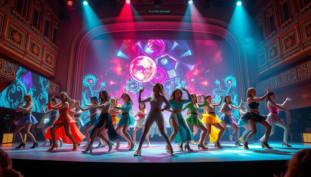 A dynamic K-Pop performance taking place in a vibrant theater setting, specifically at Teatro RioMar. In the foreground, a diverse group of K-Pop dancers is energetically engaging in a synchronized routine, showcasing stunning costumes that blend traditional elements with futuristic designs. The middle ground features colorful stage lights and immersive digital projections that enhance the performance's energy, creating a captivating spectacle. The background reveals the theater's ornate architecture, illuminated by warm lighting that contrasts with the vibrant stage colors. The atmosphere is electric and exhilarating, evoking a sense of innovation and cultural fusion, with an emphasis on unity through performance. The scene is captured from a slightly elevated angle to highlight the immersive depth of the stage and audience interaction.