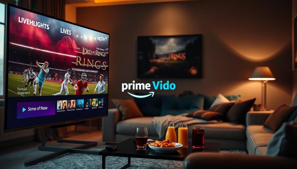 A dynamic composition showcasing an Amazon Prime Video interface displaying a blend of live sports events and scenes from "The Lord of the Rings: The Rings of Power." In the foreground, a sleek, modern television screen is illuminated, with vivid colors highlighting sports highlights on one side and a fantasy landscape from the series on the other. In the middle ground, a cozy living room setting with a stylish couch and a coffee table featuring snacks and drinks, emphasizing a comfortable viewing experience. The background features dimmed lighting for an intimate atmosphere, with warm tones enhancing the excitement and allure of streaming. The overall mood is engaging and inviting, ideal for a relaxing yet thrilling home entertainment experience.