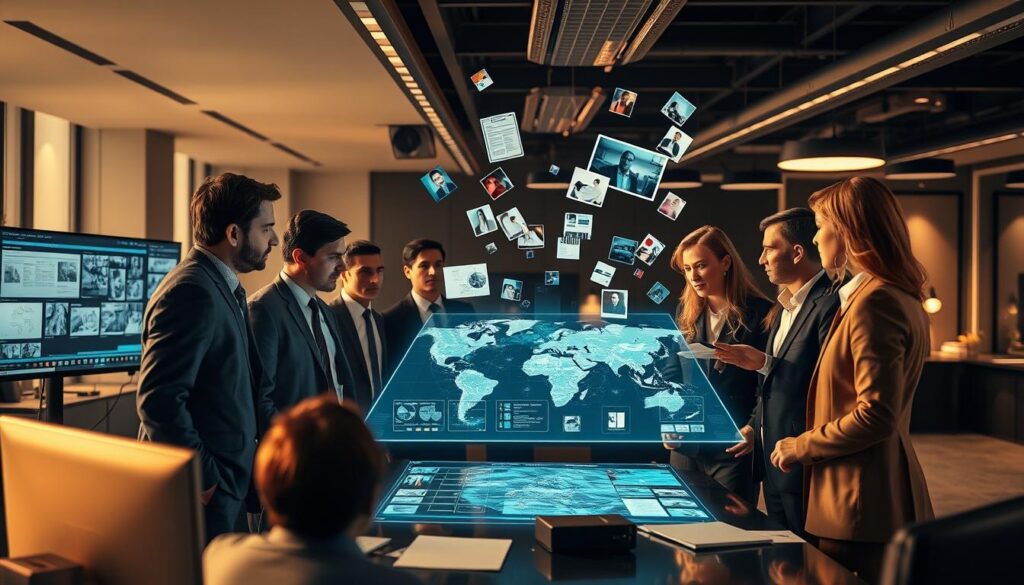 A dynamic digital investigation scene depicting online communities collaborating on a criminal case. In the foreground, a diverse group of individuals, dressed in professional business attire, are engaged in intense discussion while viewing multiple screens filled with data and crime maps. The middle ground features a holographic display showcasing key evidence, with images and notes floating in the air, symbolizing digital analysis. In the background, a stylish, modern workspace is illuminated by soft, focused lighting that creates a dramatic, engaging atmosphere. The mood conveys determination and collaboration, highlighting the crucial role of online communities in modern crime investigations. Use a wide-angle lens to capture the energy and interconnectedness of the scene.