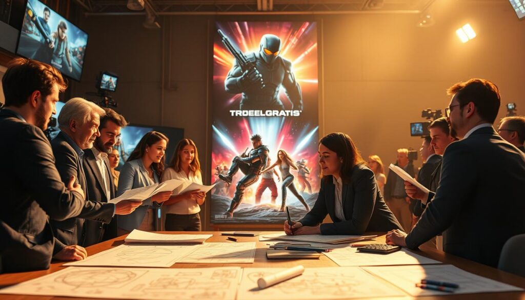 A dynamic scene depicting the evolution of successful video game adaptations into modern cinema. In the foreground, a diverse group of filmmakers and game designers, dressed in professional business attire, passionately discussing scripts and concepts, surrounded by sketches and digital screens displaying iconic game characters. In the middle ground, a large movie poster featuring a prominent video game adaptation, radiant with vibrant colors, hints at epic action and adventure. The background features a bustling film set with cameras and crew members actively engaged in production. Soft, cinematic lighting creates a dramatic atmosphere, evoking a sense of collaboration and creativity, while a shallow depth of field emphasizes the characters and elements in the foreground.