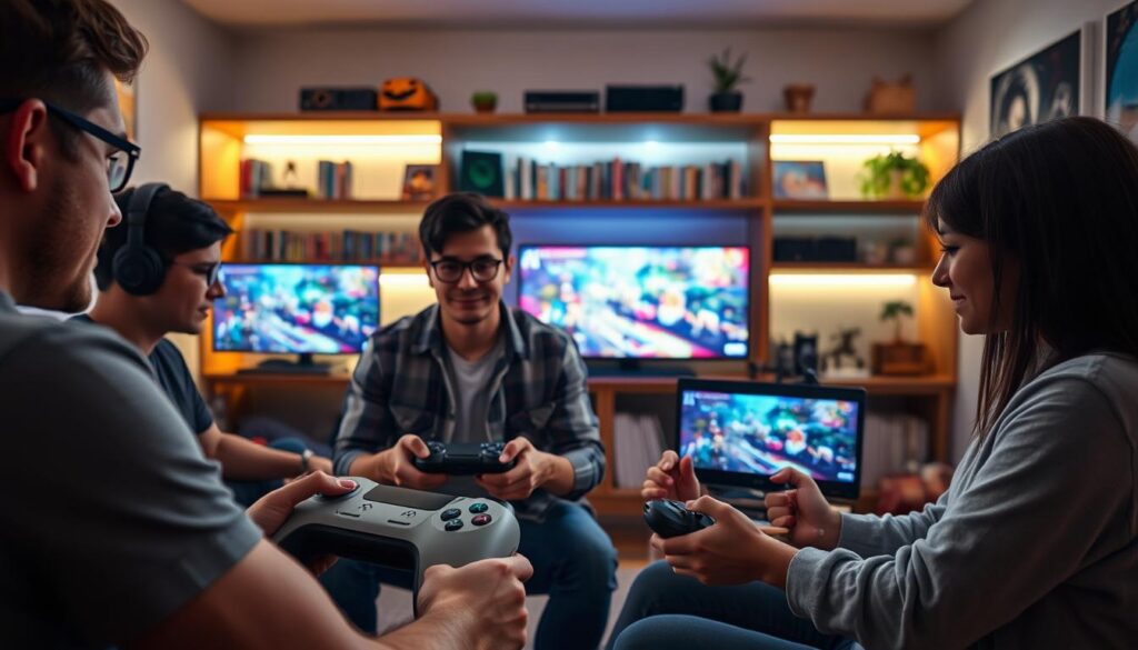 A dynamic scene illustrating "cross-play technology" in gaming, featuring a diverse group of four gamers, two men and two women, each immersed in their gaming consoles, wearing casual yet stylish clothing. In the foreground, one gamer is focused on a sleek console with visible cross-play features on the screen. In the middle ground, illuminated by soft, ambient lighting, two consoles (PlayStation and Xbox) display vibrant game graphics, showcasing seamless multiplayer gameplay. The background features a cozy gaming room with shelves of games and illuminated LED accents, creating an inviting atmosphere. The composition is captured from a slightly elevated angle, emphasizing collaboration and connection between the players, underscoring the mood of unity and innovation in gaming technology.