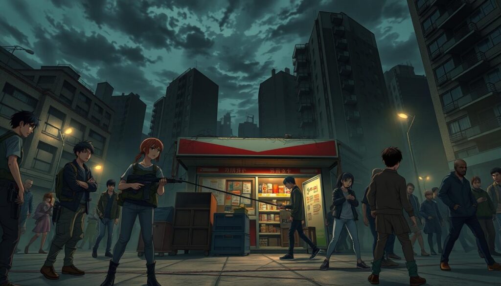 A dynamic scene showcasing various survival strategies from zombie anime, centered in an urban environment overrun by zombies. In the foreground, a diverse group of individuals wearing tactical gear and modest casual clothing strategizes, with one holding a makeshift weapon. The middle of the image features an abandoned convenience store, barricaded with crates and furniture, where they gather supplies. In the background, creepy, decaying buildings loom under a dark, cloudy sky, with faint silhouettes of zombies wandering aimlessly. The atmosphere is tense and suspenseful, illuminated by the eerie glow of streetlights. The perspective is slightly low-angle, emphasizing the urgency of the survival effort while capturing the chaotic environment.