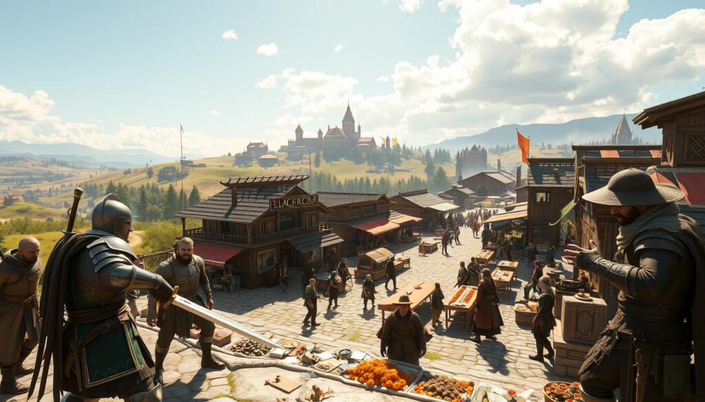 A dynamic scene showcasing video game characters exhibiting emergent behavior driven by artificial intelligence. In the foreground, a diverse group of NPCs engages in various activities: a knight practicing swordplay, a trader bartering goods, and a mage experimenting with spells. The middle ground features a vibrant market square bustling with life, with intricate details like stalls filled with animated wares and NPCs interacting in believable ways. The background presents a richly detailed fantasy landscape under a bright sky, with rolling hills and distant castles. The lighting is warm and inviting, mimicking late afternoon sun, casting soft shadows. The atmosphere is lively and immersive, capturing the essence of a living, evolving game world where characters display depth and personality through their actions.