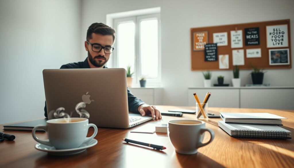 A focused individual immersed in a work session, seated at a modern desk with a laptop open, surrounded by neatly arranged stationery and a digital planner. The foreground features a warm cup of coffee steam rising gently, enhancing the atmosphere of concentration. In the middle, a large, bright window allows natural sunlight to flood the room, casting soft shadows on the polished wooden surface. The background displays minimalist decor with potted plants and a bulletin board filled with motivational quotes. The mood is serene yet productive, evoking a sense of motivation and clarity in a professional environment. Camera angle slightly from above, capturing the workspace dynamics with a soft focus on the individual, emphasizing their dedication to productivity.