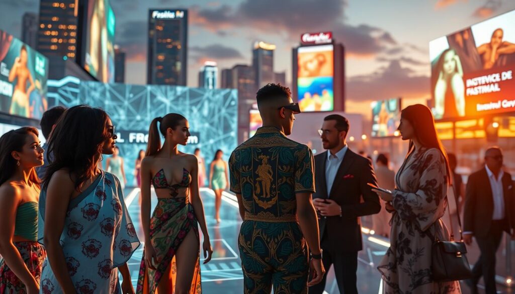 A futuristic fashion scene set in a vibrant Brazilian city during sunset, showcasing digital innovation in luxury fashion. In the foreground, a diverse group of elegantly dressed individuals wear stylish virtual outfits that blend traditional Brazilian motifs with high-tech materials, engaged in conversation. The middle layer features a dynamic digital fashion runway, with eye-catching holographic displays and interactive screens showcasing clothing designed for avatars. The background reveals a skyline of modern skyscrapers, with flashes of neon and digital billboards advertising upcoming digital fashion events. Utilize dramatic lighting to accentuate the colors and textures, with a slightly blurred bokeh effect to create depth. The overall mood is energetic and innovative, capturing the essence of immersive fashion in Brazil.