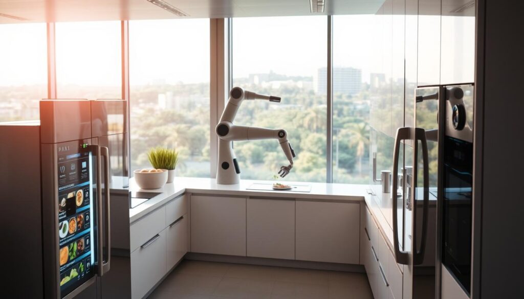 A futuristic kitchen filled with advanced technology and automation, showcasing sleek appliances and smart devices. In the foreground, a high-tech refrigerator with a transparent touchscreen displays meal suggestions. In the middle, a robotic arm skillfully prepares a meal, surrounded by countertops with integrated cooking surfaces. The background features large windows with a view of a green urban landscape, allowing natural light to illuminate the space. The atmosphere is modern and innovative, with soft, warm lighting to create a welcoming ambiance. The scene conveys a sense of efficiency and harmony in everyday life, emphasizing the seamless integration of technology into the cooking experience. No people are present in the image, focusing solely on the futuristic kitchen design.