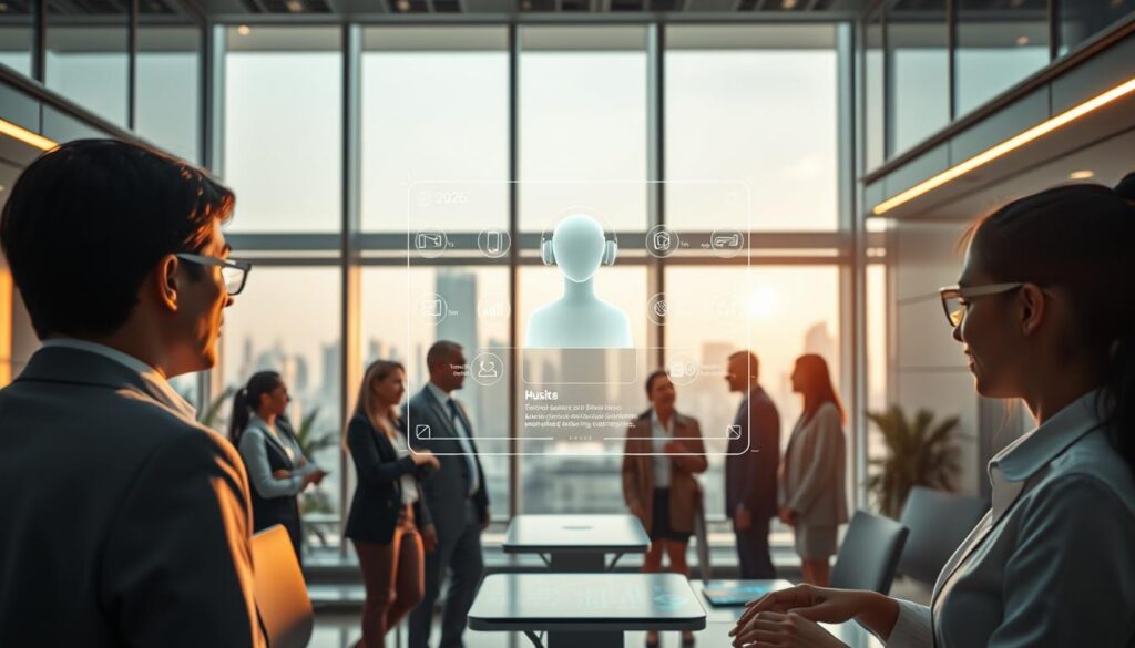 A futuristic office space in 2026, featuring a sleek, modern personal assistant interface displayed on a holographic screen. In the foreground, a diverse group of professionals in business attire, engaged with their AI assistants that anticipate their needs. The middle ground showcases futuristic technology integrating seamlessly with the environment, including smart surfaces and ambient lighting that adjusts automatically. The background reveals a city skyline through large windows, suggesting a thriving metropolis. Soft, warm lighting creates an optimistic and innovative atmosphere. Use a wide-angle lens to capture the depth of the scene, emphasizing the dynamic interaction between humans and technology. The mood should reflect a sense of efficiency and harmony, highlighting the advanced predictive capabilities of personal assistants.