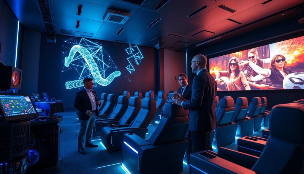 A modern 4D cinema interior showcasing immersive technology integration. In the foreground, technical experts in professional business attire discuss holographic displays and advanced projection systems, surrounded by high-tech equipment. The middle includes comfortable, futuristic seating with motion elements, integrated sound systems, and ambient LED lighting that enhances the sensory experience. In the background, large screens depict vibrant imagery that immerses the viewer in virtual environments. The atmosphere is dynamic yet professional, with a focus on innovation and collaboration, illuminated by soft, dramatic lighting highlighting the technological sophistication. The angle is slightly elevated, capturing the spatial layout of the cinema while emphasizing the technology's significant impact on the audience experience.