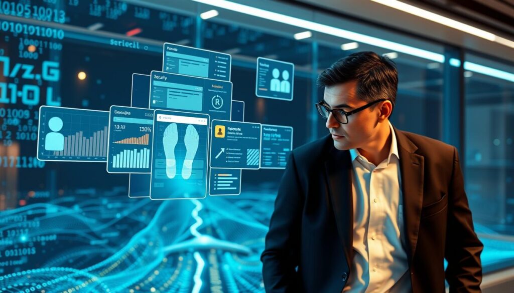 A modern and sleek digital workspace, emphasizing the concept of online identity auditing. In the foreground, a focused professional, dressed in business attire, interacts with a holographic display showcasing digital footprints and security metrics. The middle ground features multiple floating screens displaying graphs, search results, and security alerts, symbolizing the ongoing process of monitoring digital presence. The background includes an abstract digital landscape representing the internet, with vibrant data streams and binary code flowing gently, illuminated by a soft, cool blue light. Capture a mood of vigilance and professionalism, showcasing the importance of staying aware of one's digital trail. Utilize a wide-angle lens perspective to create a dynamic and immersive atmosphere.