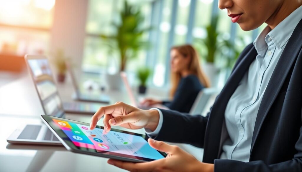 A modern digital testing interface displayed on a sleek tablet, with vibrant colors and a dynamic design. In the foreground, a business professional in smart casual attire interacts with the tablet, showing focused concentration. Their hand hovers over the screen, tapping on a colorful interactive question. In the middle ground, the blurred outlines of additional tablets and laptops suggest a collaborative and engaging learning environment. The background features a contemporary office setting with bright lighting, large windows, and greenery, creating a fresh and inspiring atmosphere. The overall mood is one of innovation and accessibility, highlighting the advantages of digital assessments and their cultural inclusivity. Soft, natural light filters in, enhancing the sense of modernity and approachability.