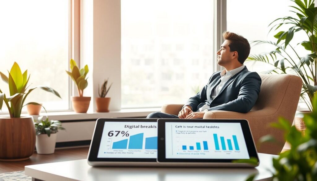 A modern office environment illustrating the concept of digital detox and screen breaks. In the foreground, a relaxed, professional individual in smart casual attire is sitting on a plush chair, gazing thoughtfully out of a large window, surrounded by plants. The middle layer features a sleek coffee table with statistics displayed on a tablet, showcasing graphs about digital breaks and their impact on mental health and productivity. In the background, soft natural light filters through the window, casting a warm glow and creating an inviting atmosphere. The overall mood is serene and reflective, encouraging a sense of tranquility amidst technology, emphasizing the importance of digital pauses in a tech-driven world.