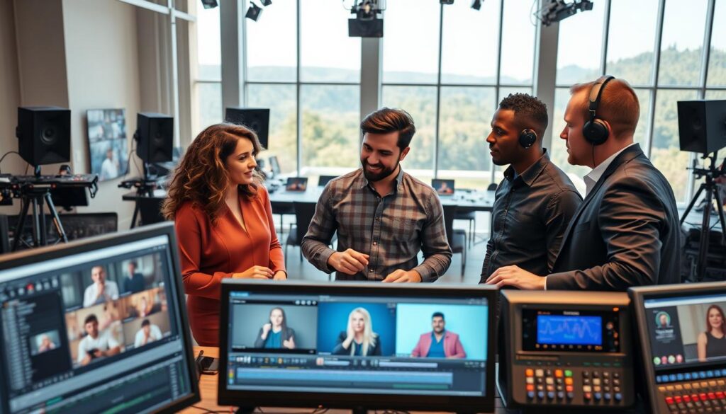 A modern video editing studio showcasing the transformation of reality TV production. In the foreground, a diverse group of three professional editors, dressed in smart casual attire, intently collaborating over digital screens displaying live feeds and editing timelines. In the middle ground, cutting-edge equipment like camera monitors and control panels highlight the shift to audience-driven content creation. The background features an expansive studio with large glass windows, giving a view of vibrant outdoor scenery. Bright, natural lighting floods the space, creating an energetic atmosphere. The shot is captured from a dynamic angle that emphasizes teamwork and innovation, conveying the excitement and evolution of reality shows in 2026.