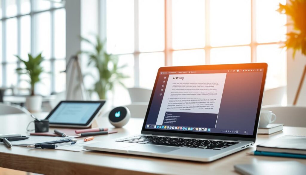 A modern workspace filled with innovative AI writing tools that enhance productivity. In the foreground, a sleek laptop displays an AI writing interface, with notes and drafts visible on the screen. Surrounding the laptop are various writing instruments, like stylized pens and notebooks, symbolizing creativity. In the middle ground, a digital tablet shows a brainstorming app, while an AI-powered assistant device subtly glows. The background features a bright, airy office space with large windows allowing natural light to illuminate the scene, creating a positive and motivating atmosphere. The overall mood is focused and professional, emphasizing efficiency and creativity in writing. Use soft, warm lighting to enhance the inviting feel of the workspace.