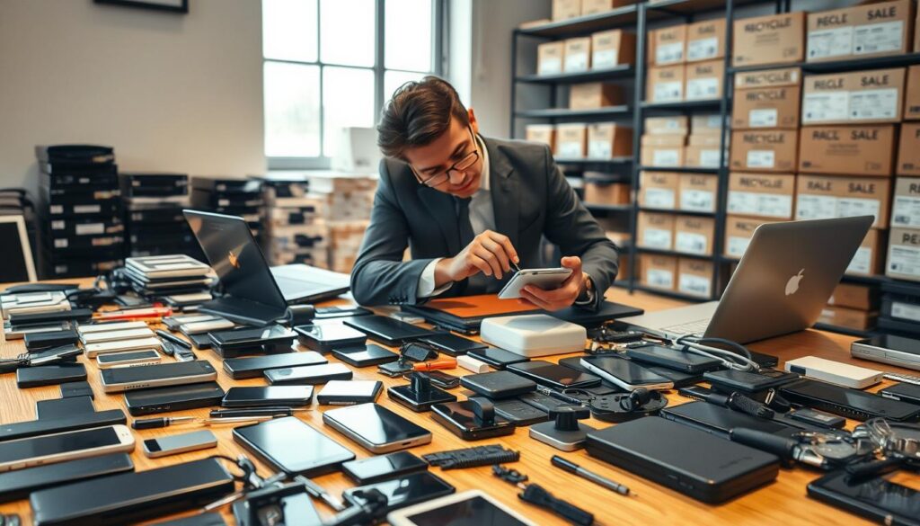 A modern workspace filled with various electronic gadgets being prepared for sale or recycling. In the foreground, a wooden table is cluttered with neatly organized phones, tablets, and laptops, some having their components carefully laid out, such as batteries and cables. A set of tools is present, including screwdrivers and cleaning materials. In the middle ground, a focused individual in professional business attire is meticulously cleaning a device, concentrating on its details. Soft, diffused lighting from a nearby window creates a warm ambiance, highlighting the reflective surfaces of the gadgets. The background features shelves filled with neatly stacked boxes labeled for recycling and sale, suggesting organization and eco-friendliness. The overall mood conveys diligence and sustainability, emphasizing the importance of preparing old gadgets for their next life cycle.