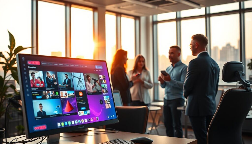 A modern workspace showcasing advanced artificial intelligence tools for content creation. In the foreground, a sleek computer with a vibrant screen displaying a streaming platform interface filled with dynamic content ideas. The middle ground features a diverse group of three content creators, dressed in professional business attire, engaged in a brainstorming session surrounded by digital devices. In the background, large windows let in warm, natural light, illuminating a city skyline. The atmosphere is energetic and innovative, with a focus on collaboration and creativity. Use a wide-angle lens for depth and clarity, emphasizing the synergy between technology and human creativity. Soft lighting enhances the futuristic yet professional ambiance, inviting inspiration and engagement.