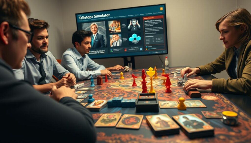 A professional tabletop gaming scene showcasing a vibrant and detailed DLC mod for Tabletop Simulator. In the foreground, a diverse group of players—two men in smart casual attire and one woman in business casual—are gathered around a richly designed virtual tabletop, deeply engaged in gameplay. The midground features a variety of intricately crafted game pieces and cards representing the DLC, with vivid colors and intricate designs that draw the eye. In the background, a digital display showcases the Tabletop Simulator interface, highlighting user-friendly features and community-created content. Soft, warm lighting illuminates the scene, creating an inviting atmosphere, while a low-angle perspective emphasizes the players’ enthusiasm and collaboration.
