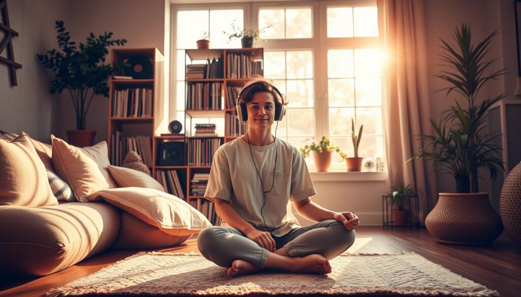 A serene and inviting scene depicting customized playlists to reduce digital stress. In the foreground, a cozy living space with plush cushions and calming decor, a person in casual, modest clothing sits cross-legged on a soft rug with headphones on, immersed in music. The middle ground features a stylish bookshelf filled with records and plants, symbolizing a variety of musical genres and relaxation. In the background, a large window bathes the room in soft, natural sunlight, casting warm golden tones and gentle shadows throughout. The overall atmosphere is tranquil and soothing, evoking a sense of calm and mindfulness, perfect for alleviating digital stress. The scene is captured at a slight angle to emphasize depth and warmth.