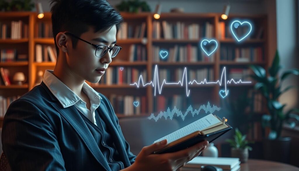 A serene reading environment showcasing a modern, interactive reading device that adapts to the user's heartbeat. In the foreground, a person dressed in smart casual attire is deeply engaged with the device, their expression reflecting tranquility and focus. The middle ground features elements like floating heart rate graphs and calming visualizations that represent mental well-being, subtly merging with the narrative of the interactive content. In the background, a cozy library setting with warm lighting enhances the atmosphere, filled with shelves of books and gentle plants. The overall mood is introspective and peaceful, illuminated by soft, diffused light, capturing the essence of how interactive reading can positively influence mental health.