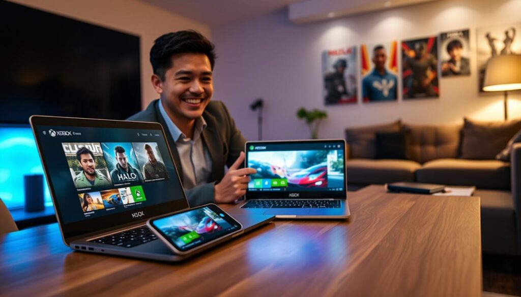 A sleek laptop and a smartphone on a stylish wooden table, displaying vibrant Xbox Cloud Gaming interfaces of popular games like "Halo" and "Forza" on their screens. In the foreground, a cheerful person dressed in smart casual attire, engaging with the devices, showing excitement and concentration. The middle ground features an ambient, tech-inspired gaming room with dimmed lighting, glowing LED lights casting a soft blue hue. In the background, a modern living space with gaming posters on the wall and a cozy couch, hinting at a relaxed atmosphere. The overall mood is energetic and inviting, emphasizing the joy of cloud gaming on budget devices, with a focus on accessibility and fun.
