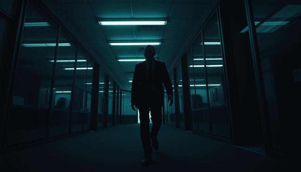 A surreal, atmospheric scene capturing the concept of Backrooms and Ruptura, depicting an endless maze of dimly lit, eerily familiar rooms. In the foreground, display a shadowy figure in professional attire, cautiously exploring, embodying both curiosity and fear. The middle ground reveals disorienting perspectives, with flickering fluorescent lights casting an unsettling glow, creating long shadows. The background features distorted reflections of mundane office spaces, blending the familiar with the uncanny, evoking feelings of isolation and anxiety. Use a wide-angle lens to emphasize the depth of the space, with a cool color palette dominated by muted greens and grays, enhancing the haunting mood. Ensure the atmosphere feels tense and otherworldly, drawing viewers into the liminal experience.