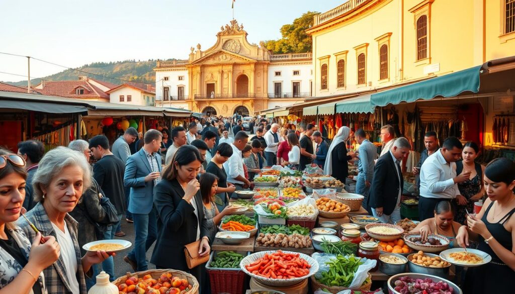 A vibrant and bustling market scene in Paraty, Brazil, showcasing local gastronomy and productive chains. In the foreground, a diverse group of people taste traditional dishes, dressed in smart casual and professional attire. The middle ground features colorful stalls filled with fresh ingredients, artisanal foods, and local crafts, beautifully arranged to highlight the rich culinary heritage. In the background, the charming colonial architecture of Paraty is illuminated by warm, golden sunlight, casting long shadows and creating a welcoming atmosphere. The image is captured from a slightly elevated angle to provide a comprehensive view of the market, emphasizing the lively interactions and cultural essence of this gastronomic hub. The mood is festive and inviting, celebrating the flavors and community spirit of Paraty.