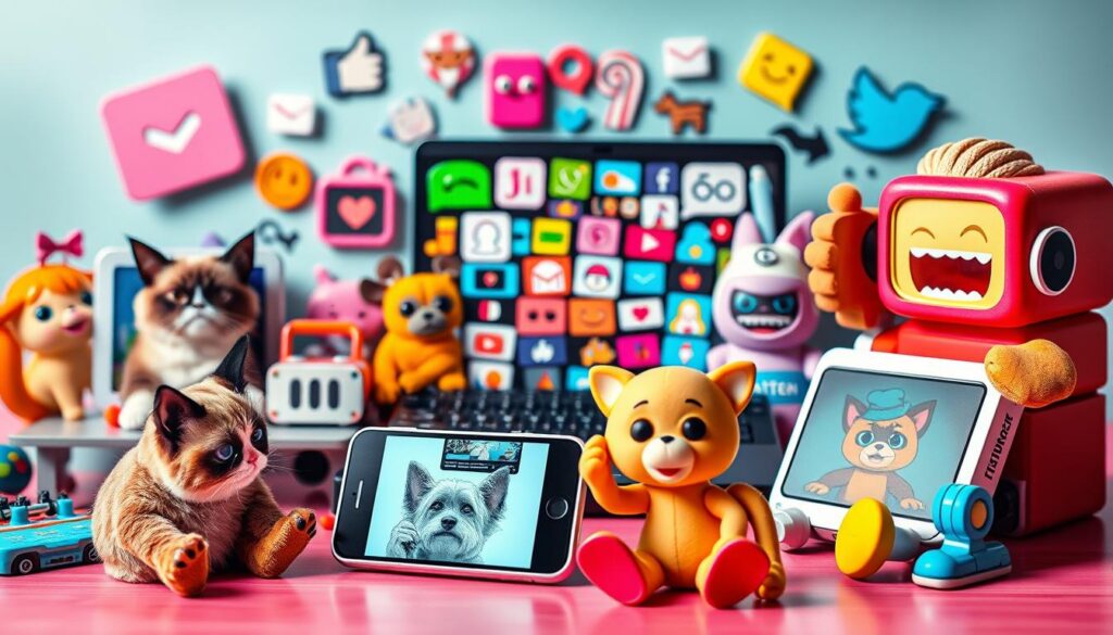 A vibrant and colorful collage showcasing classic internet nostalgia memes from the past decade, featuring iconic characters such as Grumpy Cat, Doge, and Success Kid. In the foreground, these meme characters are arranged playfully, interacting with objects like a retro laptop and smartphone displaying their images. The middle ground includes a lively backdrop of digital icons and pixelated elements reminiscent of early social media platforms, creating a nostalgic atmosphere. The background features a soft-focus gradient of pastel colors, suggesting a lighthearted, fun vibe. The lighting is warm and inviting, casting gentle shadows that enhance the playful mood. The overall composition is dynamic and engaging, capturing the essence of internet culture in a visually stimulating way.