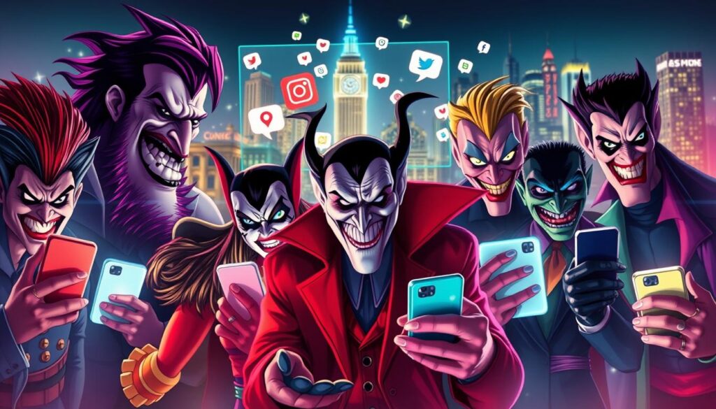 A vibrant and dynamic digital collage showcasing popular villain characters from various media, all intertwined in a social media context. In the foreground, we see expressive, exaggerated depictions of these villains, each with distinct styles and colors, actively engaging with their digital devices. The middle layer has an abstract representation of social media platforms, filled with likes, shares, and engagement icons, pulsating with energy. The background includes a stylized cityscape, illuminated by neon lights, symbolizing the bustling online world. Soft, colorful lighting enhances the playful yet edgy atmosphere, with a slight lens blur to focus on the characters. The overall mood should evoke a sense of excitement and intrigue around the cultural phenomenon of villain appreciation in today's social media landscape.