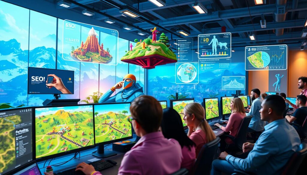 A vibrant and dynamic digital workspace showcasing Fortnite map creators optimizing metadata for enhanced island visibility. In the foreground, a diverse group of creators, including individuals in professional attire, gather around computer screens filled with colorful Fortnite miniatures and optimization tools. The middle layer features detailed graphics of Fortnite landscapes and characters, symbolizing creativity and engagement. In the background, a bright and futuristic office setting with ambient lighting emphasizes a collaborative atmosphere, with floating holographic displays showcasing analytics and SEO strategies. The scene is energetic, inviting, and inspirational, capturing the essence of creativity and the importance of effective metadata in digital content creation, all rendered in high-resolution with a wide-angle lens for depth.