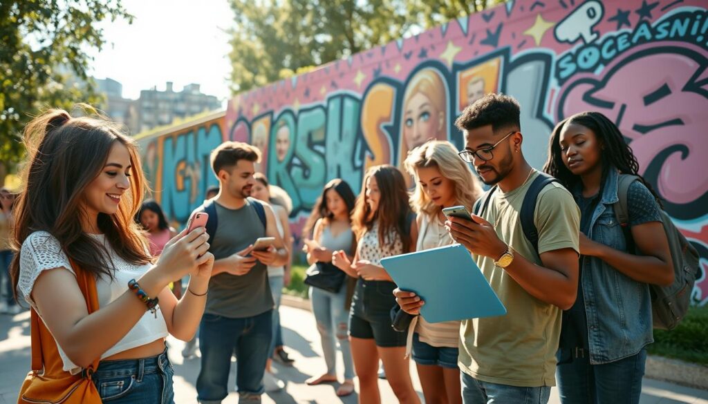 A vibrant and dynamic scene depicting a group of diverse micro-influencers, each showcasing their unique style, engaged in a lively outdoor gathering. In the foreground, a young woman in stylish casual attire captures moments on her smartphone, while a young man next to her enthusiastically reviews social media trends on a tablet. The middle ground features several people, including non-binary individuals and various ethnicities, exchanging ideas passionately. They are surrounded by colorful art installations and pop culture references, such as graffiti and digital art displays reflecting famous memes and trends. The background reveals a sunny urban park setting with soft, natural lighting enhancing the atmosphere. Use a wide-angle lens to capture the energy of the moment, conveying a sense of accessibility and community in the digital influence landscape. The mood is upbeat, inspiring, and inclusive.