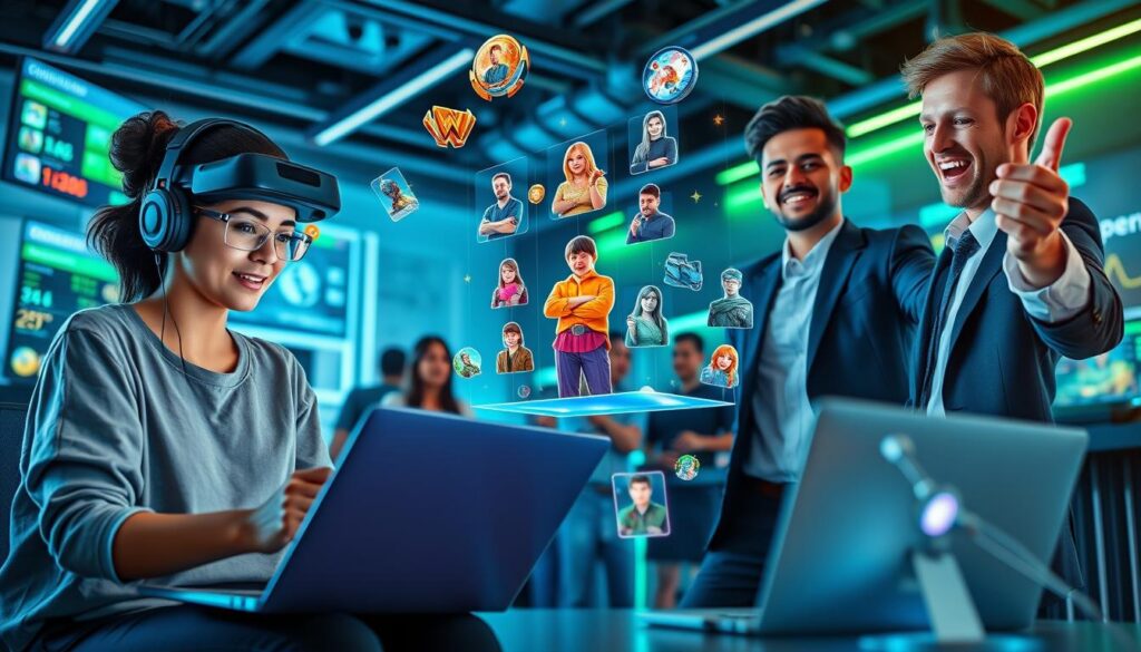 A vibrant and dynamic scene illustrating blockchain-based gaming in 2024, featuring a diverse group of players engaged in various Play-to-Earn games. In the foreground, a young woman wearing modest casual clothing is intensely focused on her laptop, with a futuristic gaming headset on. To her right, a man in professional attire gestures excitedly while pointing at a holographic display of in-game assets. In the middle, colorful digital elements and avatars float around them, showcasing intricate game graphics and virtual rewards. The background features a modern, tech-savvy room with neon lighting and multiple screens displaying real-time blockchain transactions. The atmosphere is energetic and optimistic, capturing the essence of thriving gaming culture. Soft blue and green lighting enhances the futuristic vibe, while a shallow depth of field emphasizes the players’ expressions.