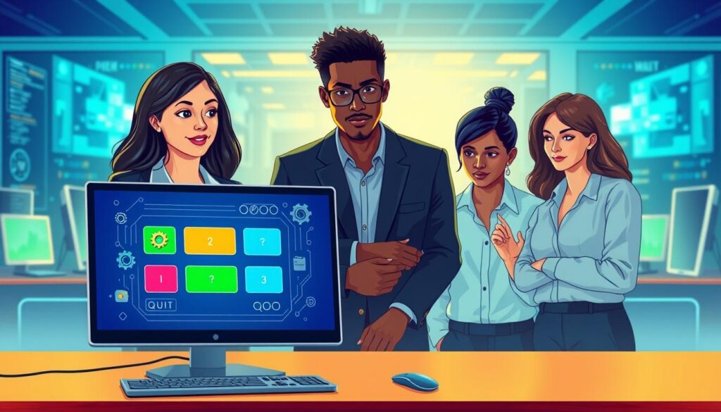 A vibrant and engaging illustration depicting a technology-themed quiz environment. In the foreground, a desktop with a sleek computer displaying an interactive quiz interface, featuring colorful buttons and tech-related icons like gears and circuit patterns. In the middle ground, a diverse group of three young professionals in business casual attire, intently focused on the quiz; a woman of Asian descent, a Black man, and a Hispanic woman, thoughtful expressions on their faces. In the background, a futuristic office space with glowing screens and digital data flows, creating a dynamic tech atmosphere. Soft lighting highlights the figures and computer, with a blue and green color palette conveying innovation and excitement. The overall mood is inspiring, encouraging exploration and career discovery in technology.