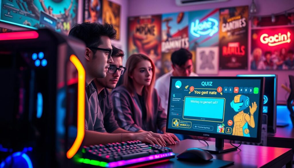 A vibrant and engaging scene capturing the essence of an interactive gaming quiz. In the foreground, a sleek high-end gaming PC setup with colorful RGB lighting illuminating the components, including a mechanical keyboard and dual monitors displaying a whimsical quiz interface. The middle layer features a diverse group of three gamers of different ethnicities, each in modest casual clothing, focused intently on their screens, showcasing expressions of curiosity and excitement. In the background, a lively game room filled with posters of popular video games and ambient neon lighting, creating an energetic atmosphere. Soft, diffused lighting casts a flattering glow on the players, enhancing the mood of anticipation and engagement. The angle is slightly elevated, giving a dynamic view of the quiz-taking experience.