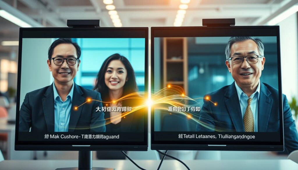 A vibrant and engaging scene illustrating real-time video translation for multilingual content. In the foreground, a split-screen display shows two professional individuals wearing business attire, each immersed in a video call. Their expressions convey focus and collaboration. In the middle, a glowing representation of video call interfaces with animated subtitles in multiple languages, elegantly flowing across the screens. The background captures a modern office environment with soft, ambient lighting, suggesting a high-tech atmosphere. The camera angle is slightly tilted downwards to emphasize the screens and their content. The overall mood is dynamic and innovative, reflecting the seamless integration of technology and communication that breaks language barriers.