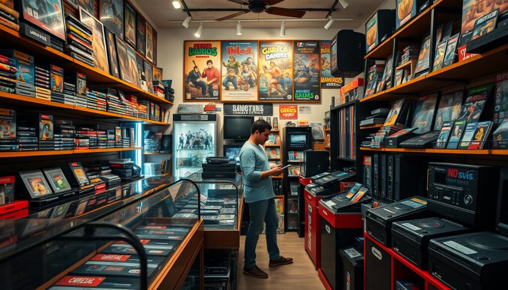 A vibrant and nostalgic scene inside a vintage game store in Brazil, showcasing rows of classic video games, retro consoles, and collectible memorabilia, all carefully arranged on wooden shelves. In the foreground, display cases filled with iconic game cartridges and branded merchandise, while a friendly shopkeeper, in casual clothing, assists a customer looking at rare items. The middle ground features colorful posters of popular 90s and 2000s games on the walls, creating an atmosphere of enthusiasm and nostalgia. In the background, a welcoming ambiance with soft lighting, casting a warm glow, enhances the inviting feel of the store. Capture the essence of a haven for retro gaming enthusiasts, with a focus on community and passion for classic games.