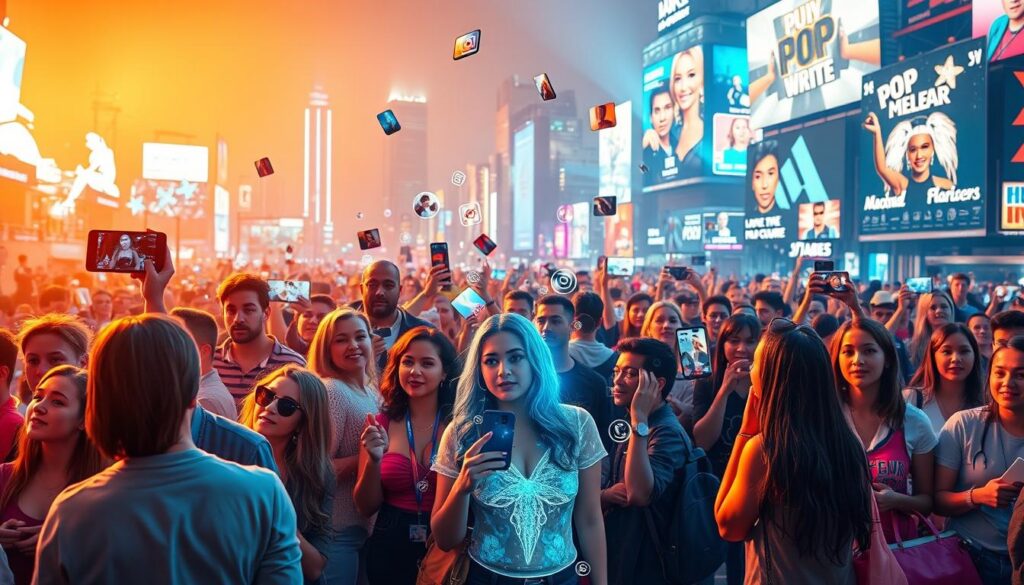 A vibrant digital artwork depicting a bustling social media landscape filled with iconic pop culture symbols and digital technology. In the foreground, a diverse group of fans engages with holographic representations of their favorite celebrities, each wearing stylish, modern clothing. The middle layer features dynamic video feeds and social media icons swirling around, emphasizing instant connectivity. In the background, a futuristic city skyline is illuminated by bright neon lights, with digital billboards showcasing various pop culture phenomena. The scene is bathed in a warm, energetic glow, embodying excitement and innovation. The composition should suggest a sense of community and interaction, captured from a slightly elevated angle to give depth to the digital landscape.