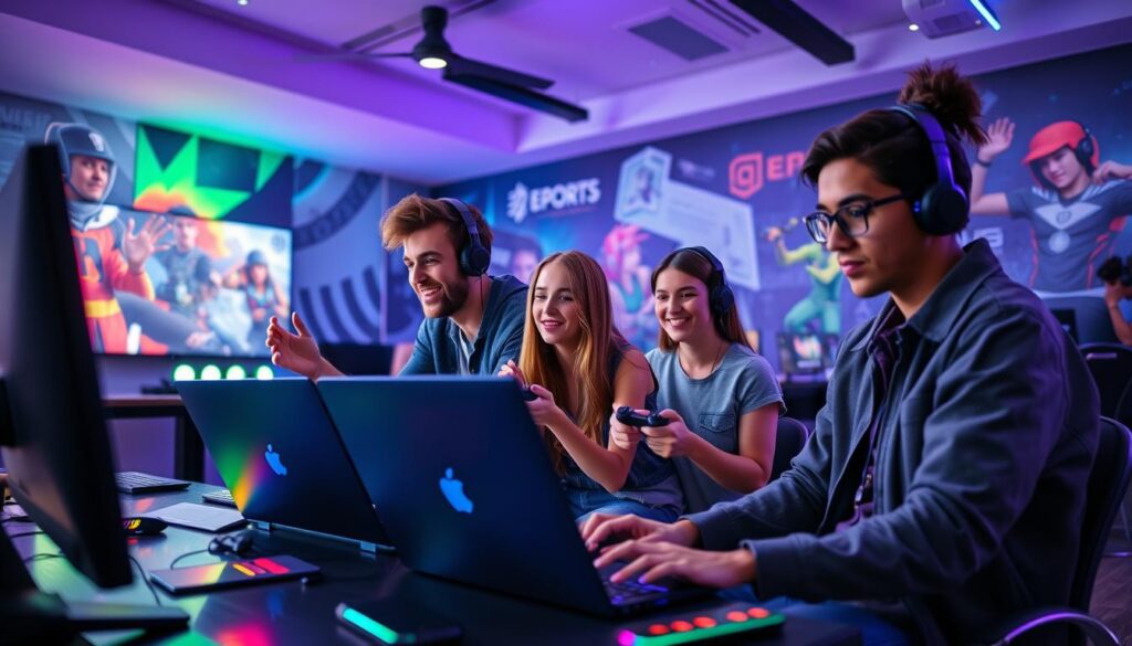 A vibrant, dynamic scene depicting a diverse group of Generation Z gamers gathered in a modern, stylish gaming lounge. In the foreground, three young adults, two males and one female, are intensely focused on their gaming laptops, dressed in casual, professional attire. One is cheering, while the others strategize with game controllers in hand. The middle ground features high-tech gaming equipment, colorful LED lights, and large screens showcasing competitive gameplay, creating an energetic atmosphere. In the background, wall art illustrates iconic gaming characters and esports achievements, symbolizing aspirations in a gaming career. The lighting is bright and inviting, with a slight glow to emphasize the excitement of the environment. The mood is optimistic and aspirational, highlighting the shift in perception around professional gaming careers.