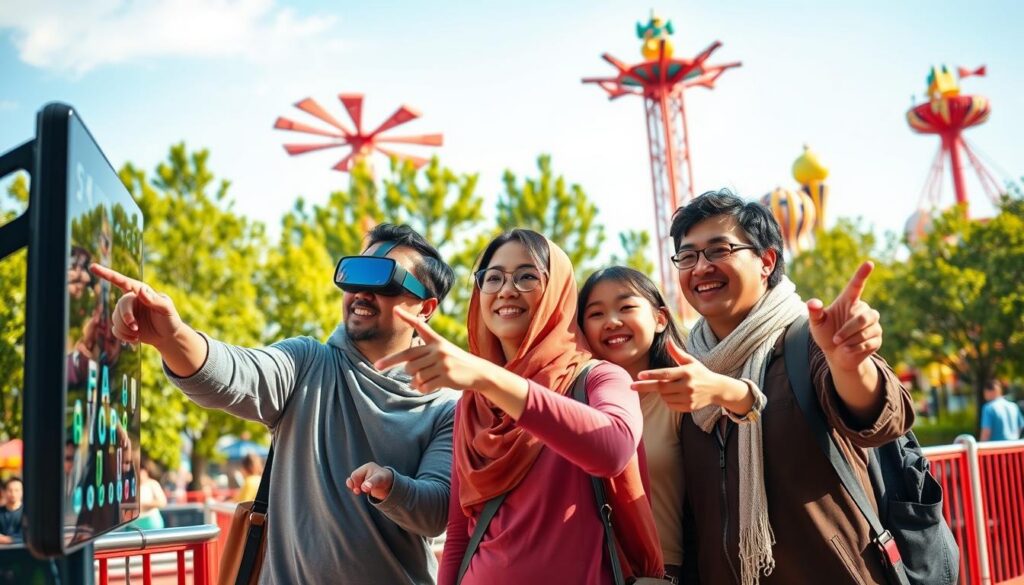 A vibrant, family-friendly amusement park scene showcasing augmented reality technology. In the foreground, a diverse family of four, dressed in casual, modest clothing, engage with interactive AR experiences, smiling and pointing at vibrant digital displays. In the middle ground, colorful rides and attractions blend seamlessly with augmented elements like animated characters and 3D holograms. The background features lush green trees and a bright blue sky, creating a cheerful atmosphere. Soft, warm sunlight illuminates the scene, highlighting the joy and excitement on the family's faces. The composition captures a wide-angle view, emphasizing both the fun activities and the innovative technology present in this immersive environment.