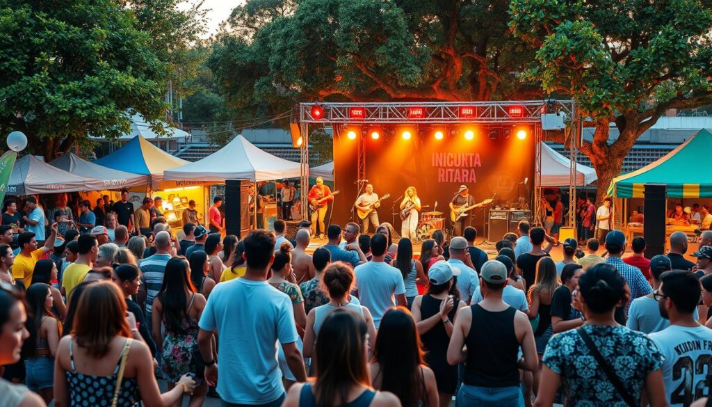 A vibrant outdoor music festival scene showcasing the diversity of Brazilian musical culture. In the foreground, a diverse group of festival-goers dressed in casual, colorful attire, dancing and enjoying the music, embodying joy and energy. In the middle, various musical acts are performing on stage, representing genres like samba, rock, and electronic, with vivid instruments and lively performers engaging the crowd. The background features a bustling festival site with food stalls, colorful decorations, and trees adorned with lights. The atmosphere is festive and energetic, illuminated by soft, warm lighting of sunset, creating a lively yet harmonious ambiance. Capture this scene from a slightly elevated angle to include the crowd and performers, evoking a sense of excitement and community in Brazilian music festivals.