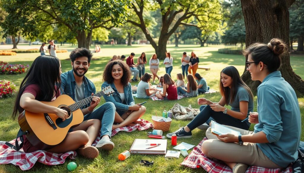 A vibrant outdoor scene showcasing young people engaging in authentic connections. In the foreground, a diverse group of four friends, dressed in casual yet stylish clothing, sit on picnic blankets sharing stories and laughter. One of them is playing an acoustic guitar, while another is sketching in a notebook. The middle ground features a circle of people gathered around a tree, participating in a local community workshop, with art supplies and hands-on activities visible. In the background, a park setting with green grass, colorful flowers, and gentle sunlight filtering through the leaves, creating a warm, inviting atmosphere. The overall mood is one of joy, collaboration, and a deep sense of camaraderie, captured in a soft-focus using a wide-angle lens.