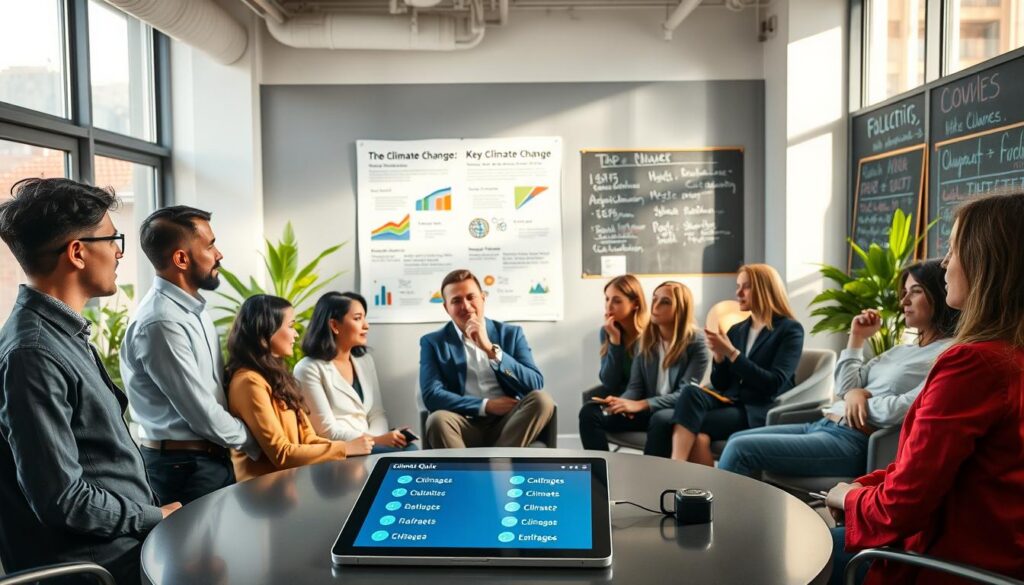 A vibrant scene depicting a climate quiz setup in a modern office environment. In the foreground, a round table with a digital tablet displaying multiple-choice questions about climate change, surrounded by diverse individuals in professional attire, actively engaging in discussion. In the middle ground, a large poster on the wall illustrates key climate statistics and graphics related to climate change. The background features a bright and airy room, with large windows letting in natural light, potted plants for a touch of nature, and a chalkboard with brainstormed ideas about climate solutions. The atmosphere is collaborative and inspiring, emphasizing awareness and education on climate issues, captured with soft lighting to create an inviting mood.